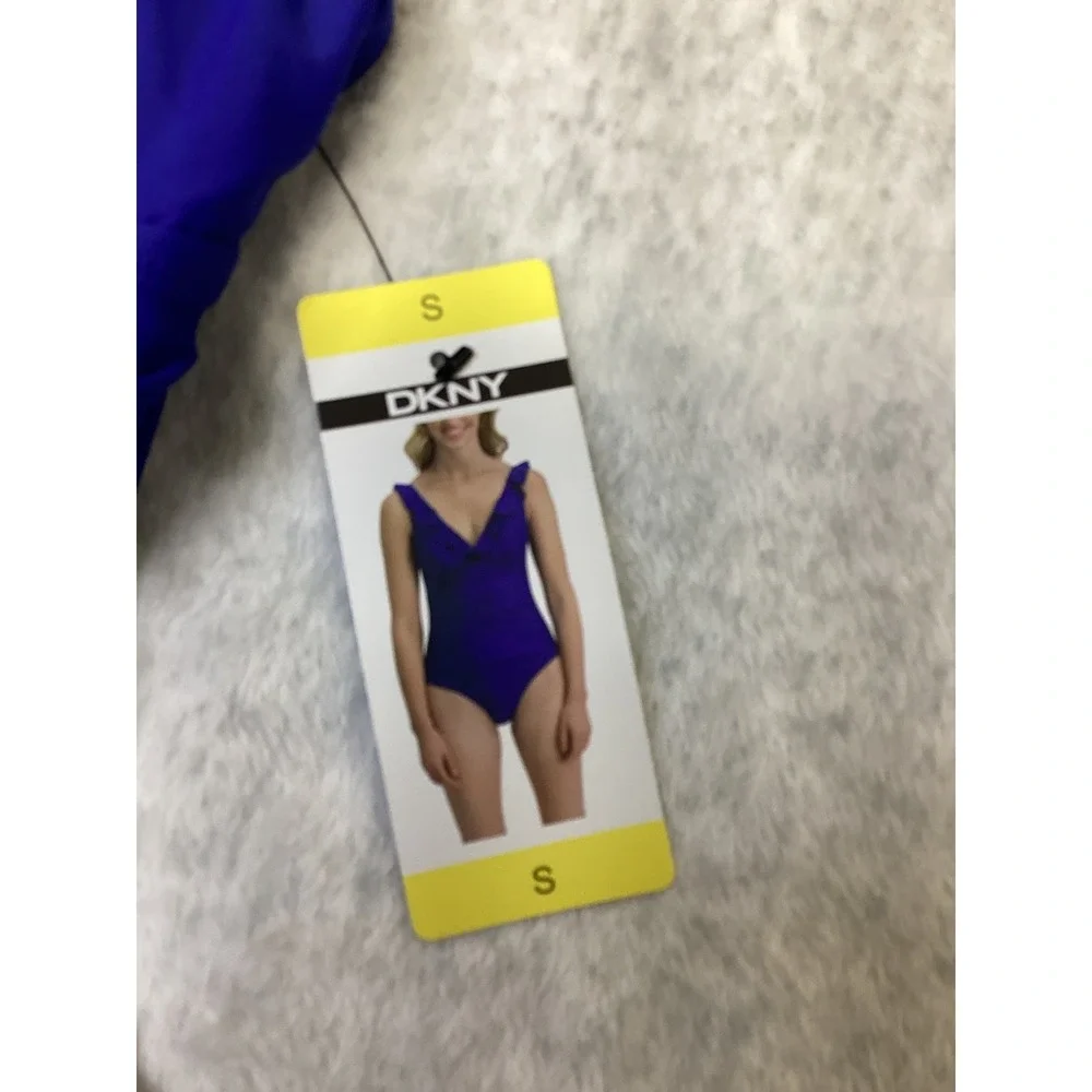 DKNY Womens Royal Blue Ruffle V-Neck Ruched One Piece Swimsuit Size S 1943727 - Picture 2 of 5